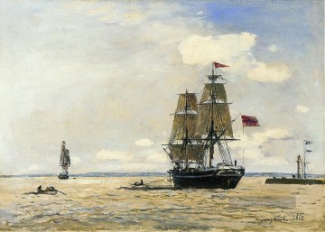  Norwegische Malerei - Norwegische Marineschiff Verlassen des Hafens von Honfleur Schiff Seestück Johan Barthold Jongkind